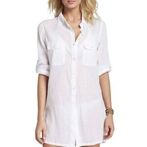 Crushed Cotton Camp Shirt Tunic Cover Up XL Roll-Tab Sleeves White Button Down